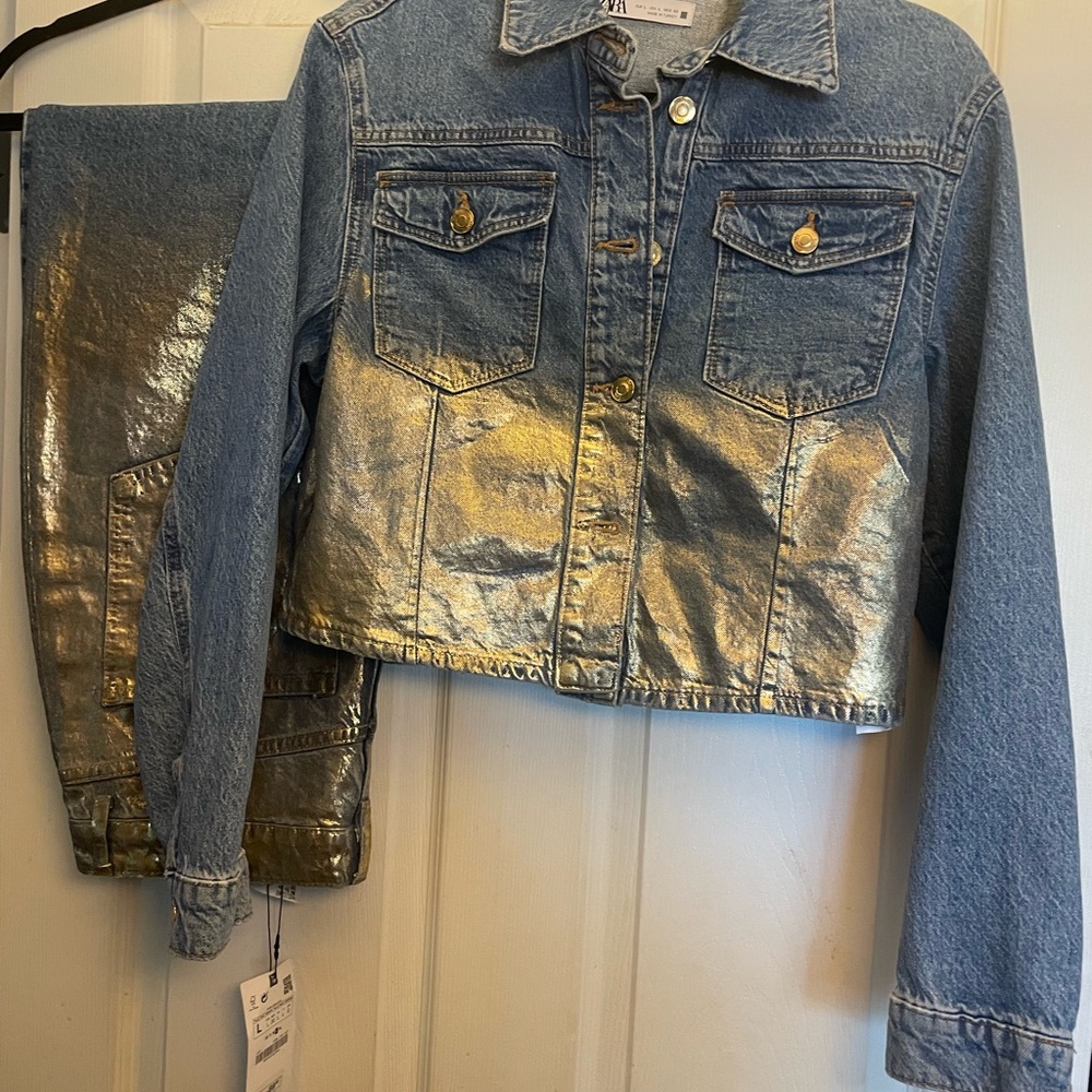 Zara Denim and Gold Metallic Jacket and Pants Set (NWT)